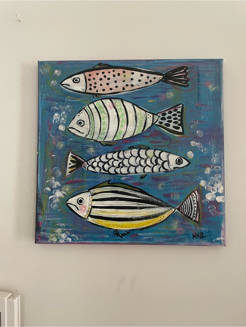 Playful Coastal Fish Canvas Art in Blue, Yellow, Green, Pink